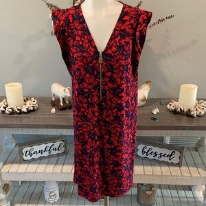 Michael Kors Red and Navy Blue Floral V-Neck Mini Dress